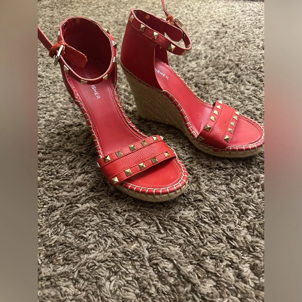 Marc‎ Fisher Womens Studded Espadrille Wedge Shoes 8M Kegan Red Ankle Strap